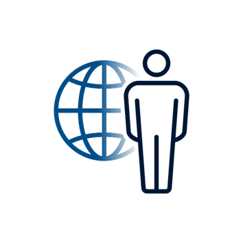 Icon of person in front of globe. 